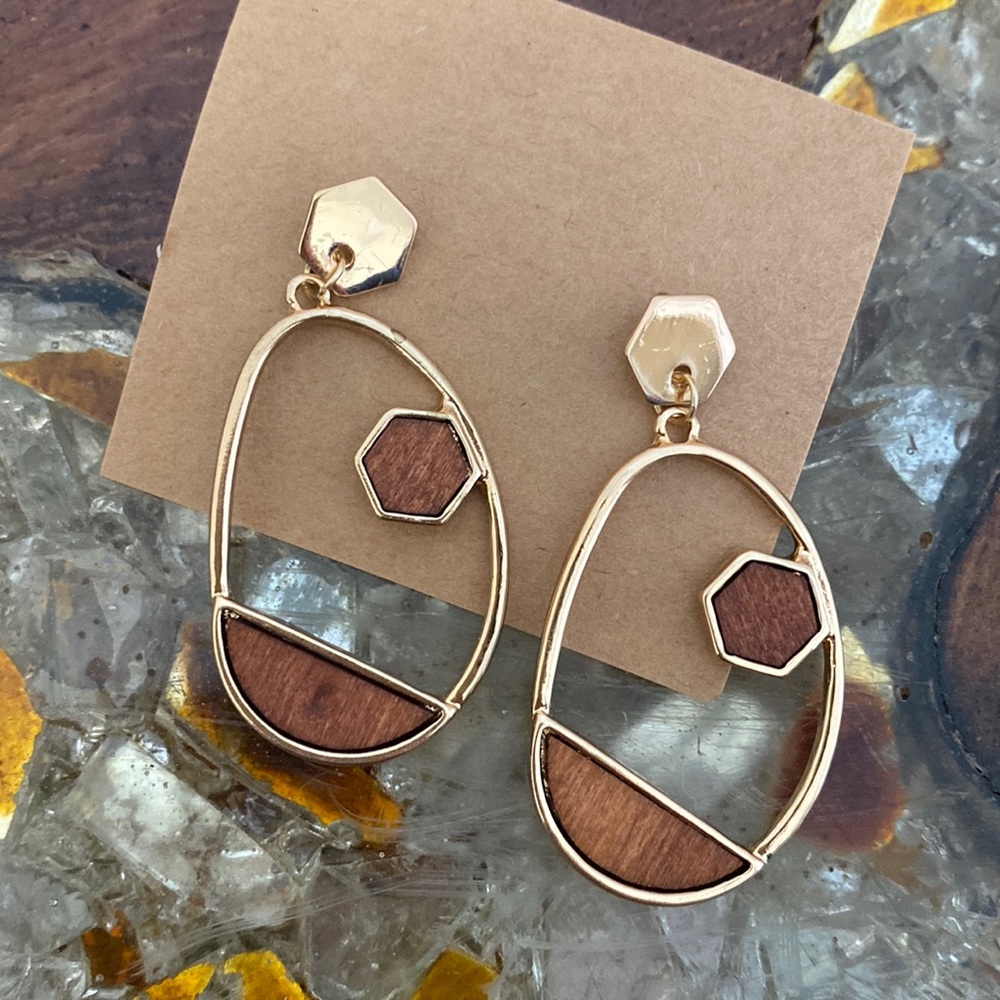 Wood and gold toned Earrings Handcrafted Abstract Design
